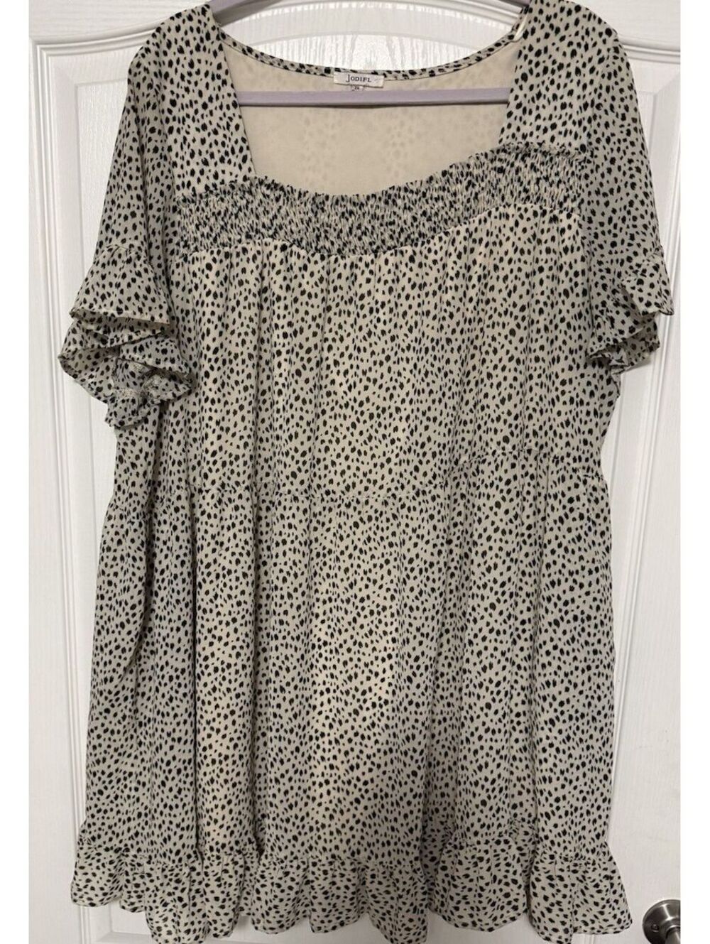 Jodifl Womens 2X Plus Size Cream Black Spotted Smocked Ruffle Mini Dress